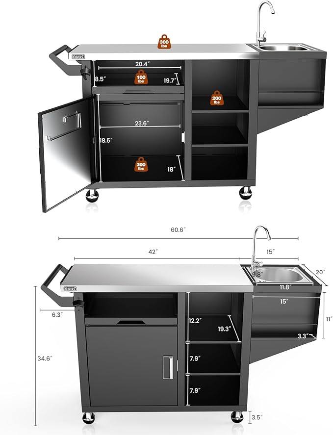NUUK Grill Cart with Sink and Storage Cabinet Outdoor Kitchen Island Prep Table Cooking Station with Stainless Steel Top and Movable Universal Wheels for Outside BBQ Backyard Include Metal Hooks