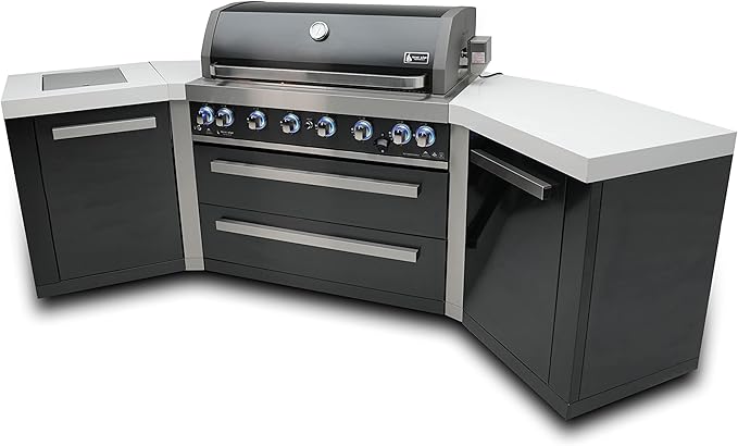 Mont Alpi MAi805-BSS45 44-inch 6-Burner 115000 BTU 45 Degree Black Stainless Steel Gas Outdoor Kitchen Bar Island Grill w/Infrared Side & Rear Burners + Granite Countertops + Storage Drawers