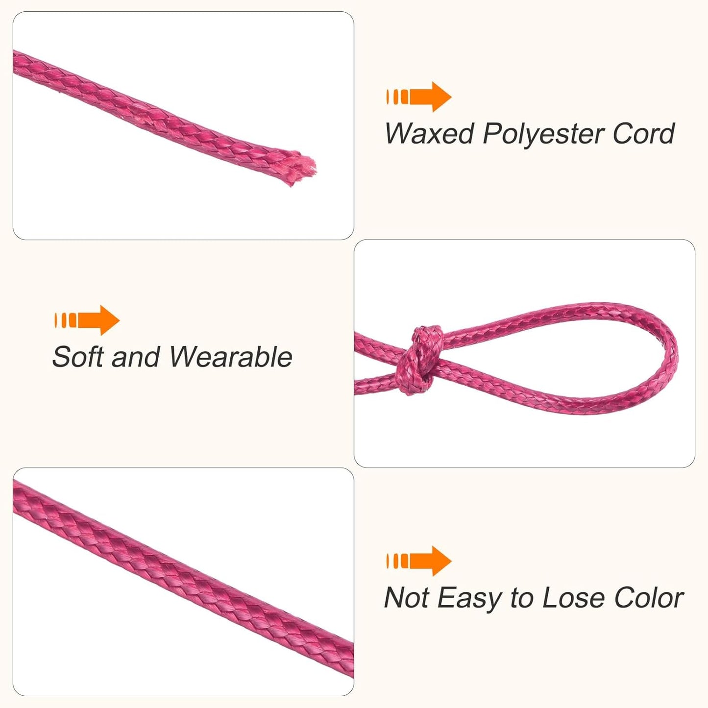 MECCANIXITY Waxed Cord 2mm Waxed Polyester Cord 98 Yard Wax String for Bracelet Making, Necklaces, Beading, Jewelry Making and DIY Crafts(Dark Pink)