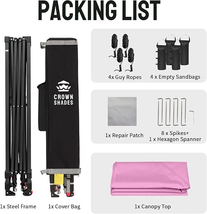 CROWN SHADES 10x10 Pop Up Canopy Tent - Patented Center Lock One Push Instant Outdoor Canopy Beach Tent with STO-N-Go Bag 8 Stakes & 4 Sand Bags，Pink