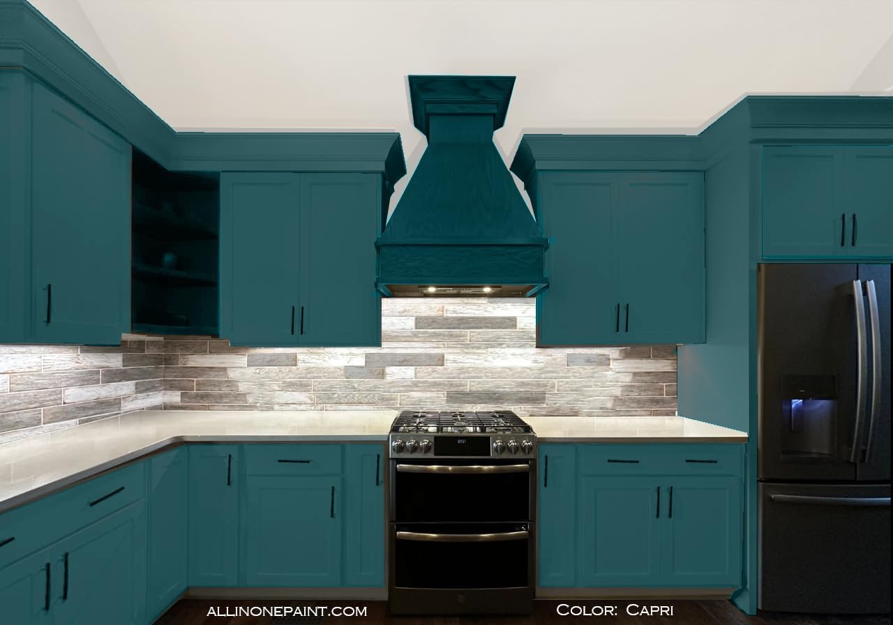 ALL-IN-ONE Paint, Durable cabinet and furniture paint. Built in primer and top coat, no sanding needed. Includes our 30 featured color card - Capri (green teal), 8oz Sample