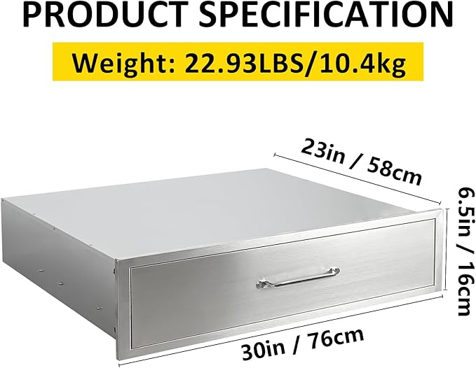 Outdoor Kitchen Drawers 30" W x 6.5" H x 23" D Flush Mount BBQ Single Drawers with Divider,Built-in Stainless Steel Drawer with Chrome Handle for Outdoor Kitchen Island Patio Grill Station