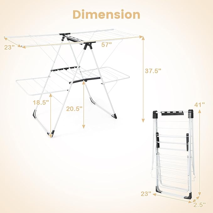 GOFLAME Clothes Drying Rack, 2-Tier Folding Laundry Drying Rack with Height-Adjustable Wings, 33 Drying Rails, Middle Sock Clips, Side Wave-shaped Bars, Freestanding Laundry Hanger, No Assembly Needed