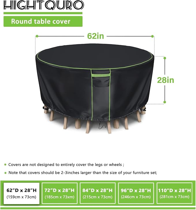 Round Patio Table Cover for Outdoor Table Chairs Set,600D Outdoor Furniture Cover Waterproof,Tear Resistance and Anti-UV,62" Dia x 28" H,Black