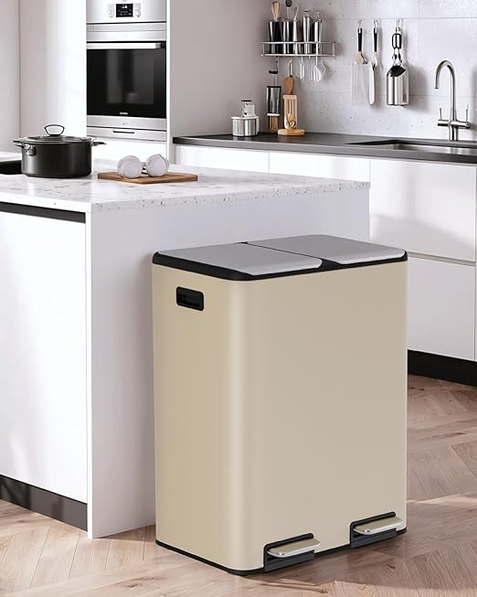 Arlopu 16Gal Dual Trash Can w/2 Built-in Box for Odor Control, Hands-Free Kitchen Garbage Bin, Recycle Waste Dustbin, Soft-Close Lid, 2 Buckets,Foot Pedal, Side Handle, Airtight,for Home (Beige)