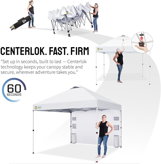 CROWN SHADES Canopy Tent 10x10 Pop Up Canopy Outdoor Shade with Pockets Sidewall, Easy Up Sun Shelter with One Person Set Up Center Lock, Portable Instant Camping Beach Canopy Tents, Grid White