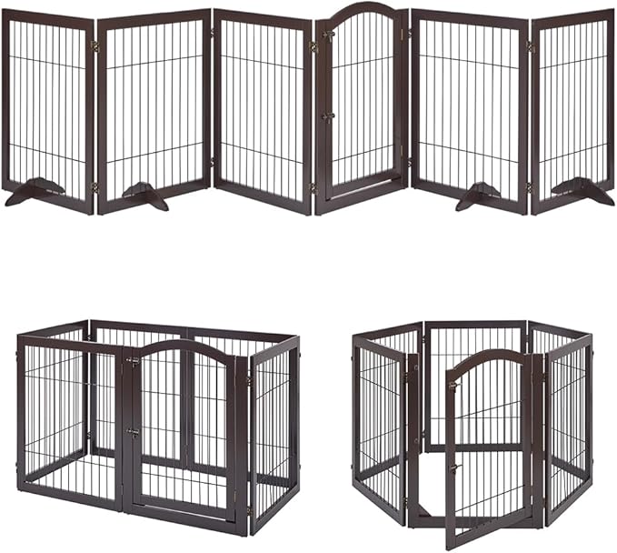unipaws 144" Extra Wide Dog Gate and Pet Playpen, Free Standing Tall Dog Fence with Walk Through Door, Barriers for Home, Use as Indoor Cats Pen, Rabbit Pen, Espresso