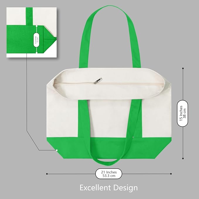 TOPDesign 3-Pack Canvas Tote Bags with an External Pocket, Reusable Grocery Shopping Bags, Top Zipper Closure, Daily Essentials (Lime Green/Natural)