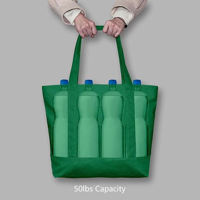TOPDesign 3-Pack Canvas Tote Bags with an External Pocket, Reusable Grocery Shopping Bags, Top Zipper Closure, Daily Essentials (Green)