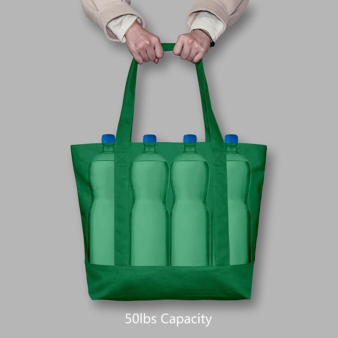 TOPDesign 1-Pack Canvas Tote Bag with an External Pocket, Reusable Grocery Shopping Bag, Top Zipper Closure, Daily Essentials (Green)