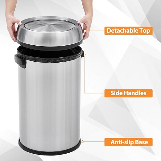 GarveeHome 17 gal/65 L Swing Top Trash Can, Stainless Steel Rubbish Bin, Commercial Grade Waste Container, Round Garbage Can for Outdoor, Home Office, Restaurant, Silver