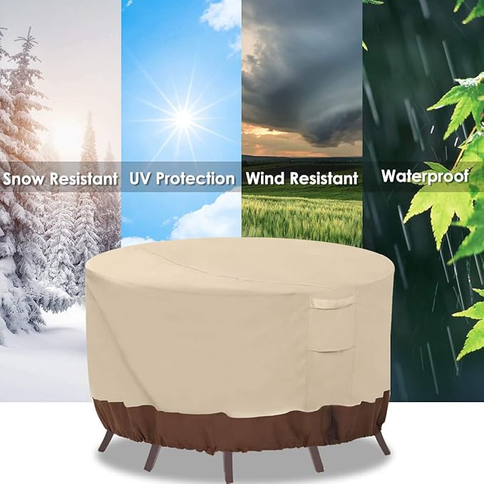 Vailge Round Patio Furniture Covers, 100% Waterproof Outdoor Table Chair Set Covers, Anti-Fading Cover for Outdoor Furniture Set, UV Resistant (Beige&brown, 84"DIAx28"H)