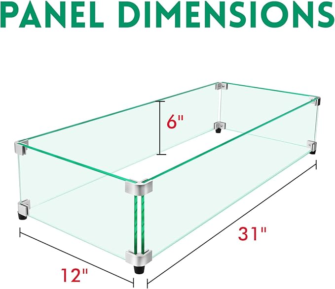 Fire Pit Wind Guard, 31" x 12" Square Tempered Glass Wind Shield for Firepit & Fire Table, Thick Glass and Easy Installation with Included Tools, Airflow Management for Stable Flame