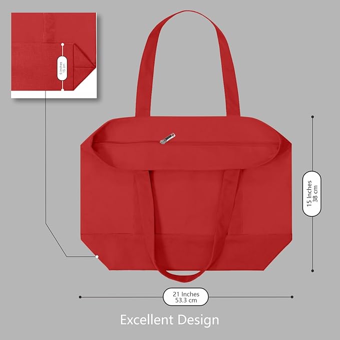 TOPDesign 6-Pack Canvas Tote Bags with an External Pocket, Reusable Grocery Shopping Bags, Top Zipper Closure, Daily Essentials (Red)