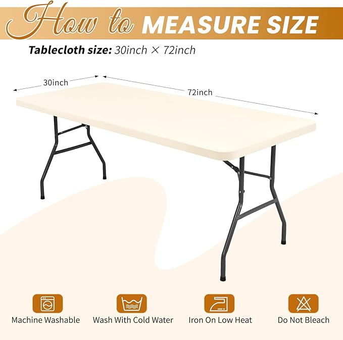 6 Pack Stretch Fabric Table Top Cap Cover, Ivory Table Covers fits 6Ft Tables, Washable Elastic Universal Rectangle Tablecloth Protector for Indoor Outdoor Party Picnic Wedding (30" W x 72" L)