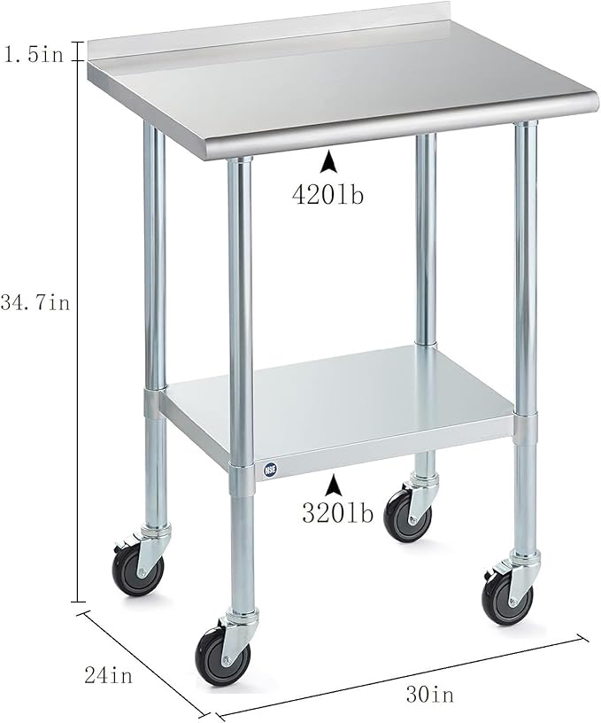 Stainless Steel Table for Prep & Work with Backsplash & Caster 24x30 Inches, NSF Commercial Kitchen Heavy Duty Table with Adjustable Under Shelf for Restaurant, Home and Hotel