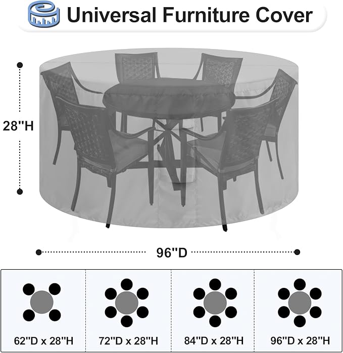 OutdoorLines Outdoor Waterproof Patio Table Furniture Set Covers - Round Couch Sectional Cover Outside Weatherproof Patio Furniture Covering for Deck, Lawn and Backyard 96" DIA x 28" H, Grey