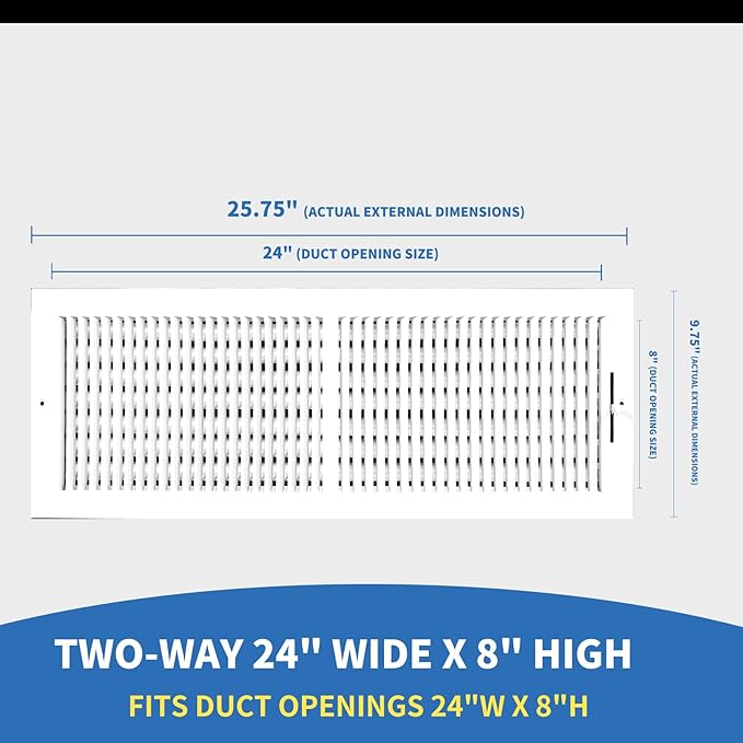 24x8 Vent Register [Duct Opening], Vent Covers for Home Ceiling, Two-Way Ventilation Register, Adjustable Solid Steel Wall Register Vent Cover (24"W x8"H [Duct Opening])
