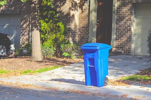 32 Gallon Blue Wheeled Recycling Trash Can with Hinged Lid – Municipal-Style Outdoor Recycling Container, Heavy Duty Rolling Bin Commonly Used by Cities, Homes, HOAs & Facilities