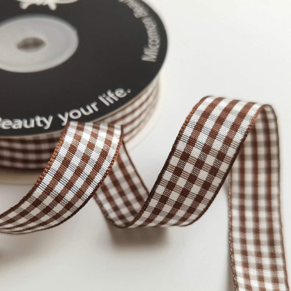 Micomon Brown and White Gingham Ribbon Buffillo Gingham Ribbon 25 Yards Each Roll 100% Polyester (5/8", Brown)