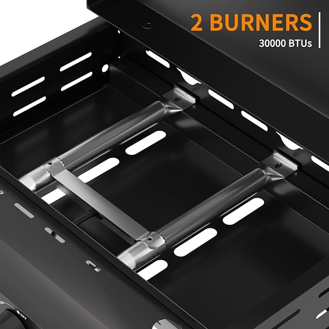 2 Burner BBQ Gas Griddle with Hood, 17.3 Inch Stainless Steel Portable Detachable Propane Griddle, 60,000 BTU Flat Top Grill with Lid for Camping, Black