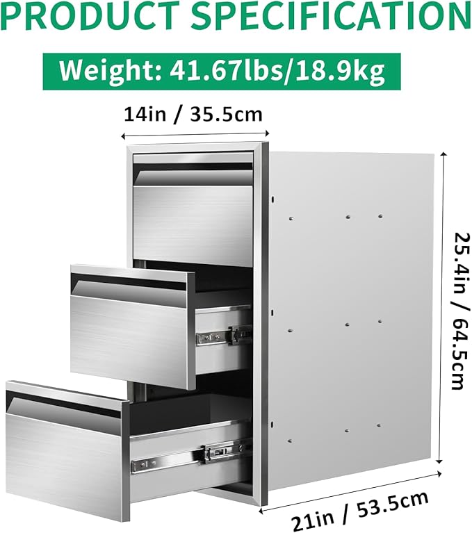Outdoor Kitchen Drawers 14" W x 25.4" H x 21" D Stainless Steel Triple Drawers with Hidden Handle for BBQ Island, Patio Grill Station & Outdoor Kitchen Cabinets
