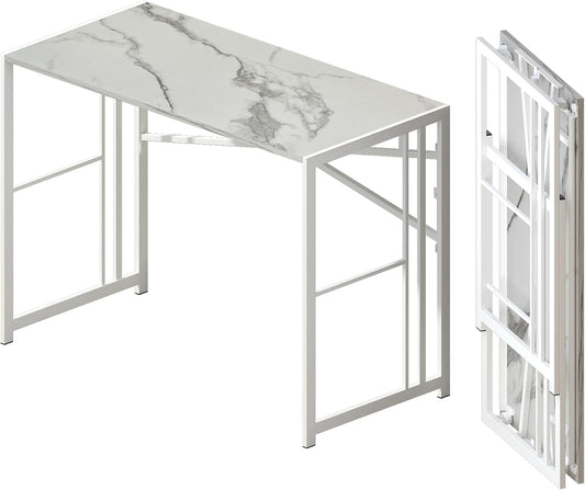 Folding Computer Desk 40 inch Writing Gaming Computer Camping Desk, No Assembly Required Home Office Table, White Marble
