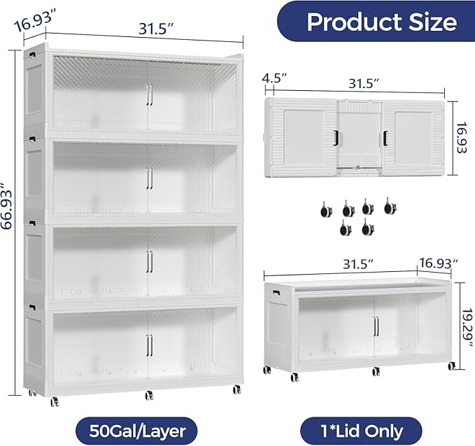 200GAL Extra Large Storage Bins with Lid, 800QT Collapsible Organizer with Wheels, Stackable Closet Cabinet with Doors, Folding Storage Containers for Home, Office, Kitchen, 4Pack White
