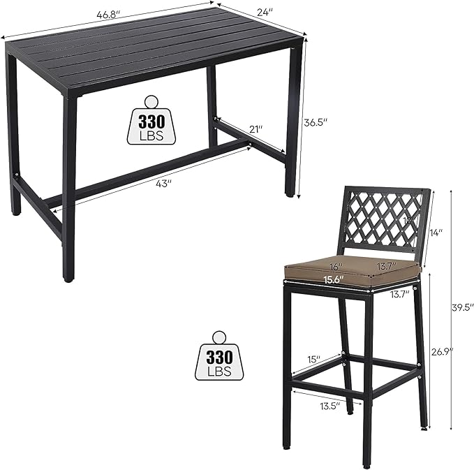 5-Piece Outdoor Patio Bar Set, Bar Height Patio Dining Set, Weather-Resistant Bistro Counter Pub Set with Cushions & Slatted Tabletop for Backyard, Garden, Yard