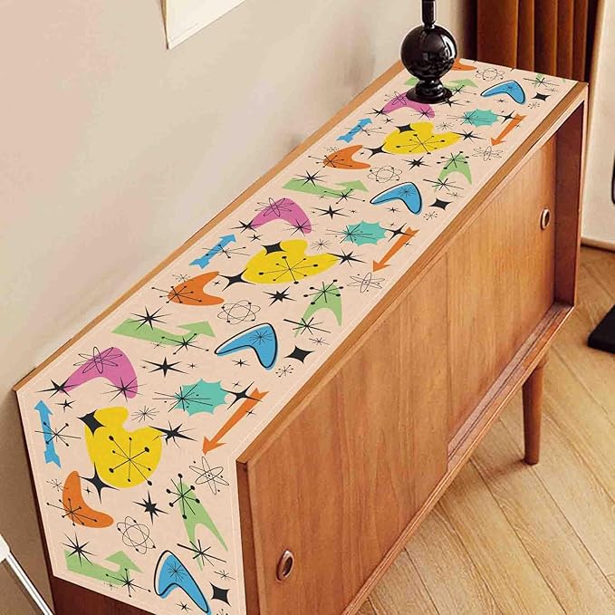 Mid Century Table Runner, Retro 1950s Atomic Minimalist Modern Abstract Geometric Colorful Coffee Table Center Decor for Home Kitchen Dining Patio Holiday Party Table Decorations, 13"x72" Inch