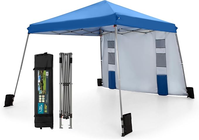 PHI VILLA Canopy with One Sidewalls,Angled Leg 12 x 12 UV Block Sun Shade Canopy Tent Gazebo for Patio Outdoor, Lightweight, Blue