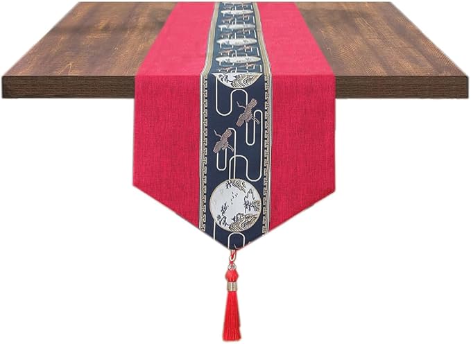 Embroidered Tassel Table Runner Chinese Style Landscape Painting Waterproof Cotton Linen Holiday Kitchen Dining Table Decoration for Home Party Decor 13x72 Inch (Rad)