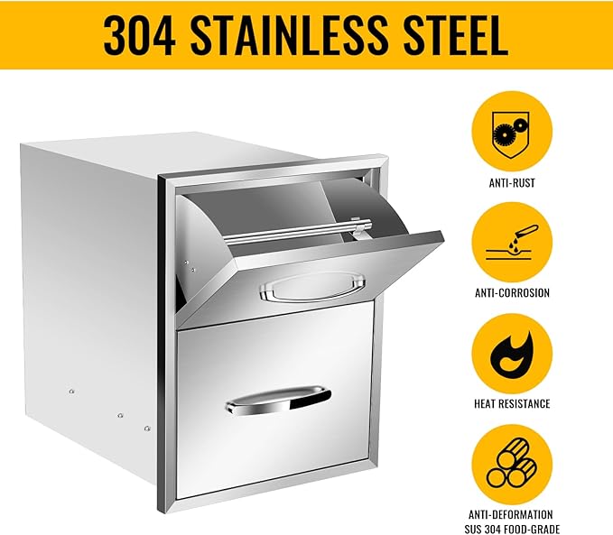 Pull Out Trash Drawer, Lower Sliding Rails Stainless Steel Roll Out Trash Bin Pull Out Tray With Handle For Outdoor Kitchen BBQ Island Grill Station,Double Drawers
