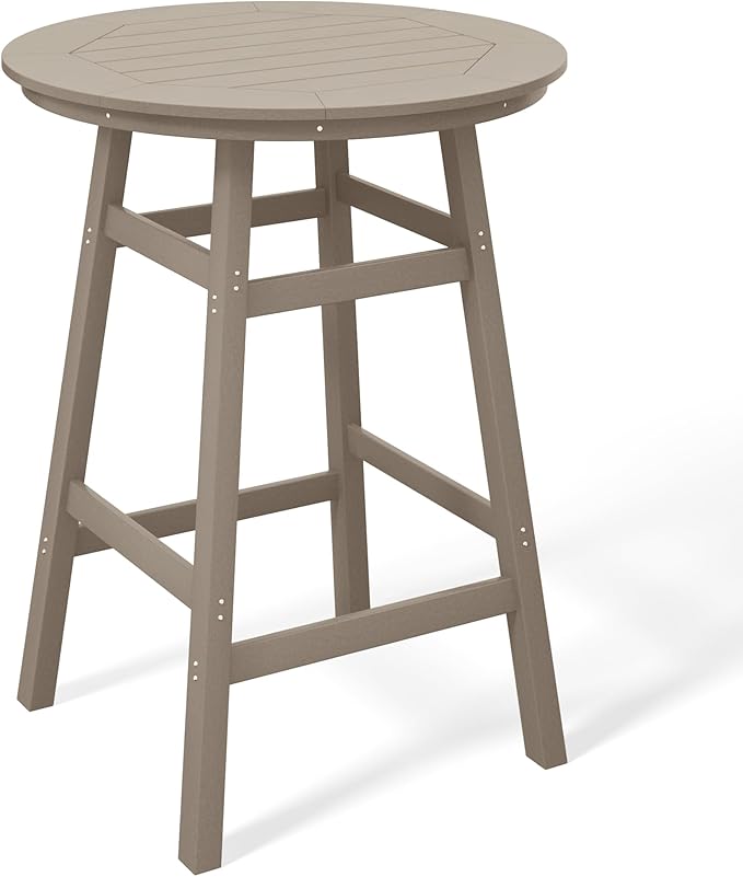 Costaelm Patio Bistro Table, 42" Counter Height Round Patio Cocktail Bar Table with Umbrella Hole, Outdoor Bistro Dining Pub Table for Front Porch Deck Backyard Garden, Weathered Wood