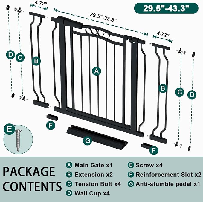 Fairy Baby 29.5"-43.7" Extra Wide Baby Gate for Stairs, Pressure Mounted Dog Gate for Doorways, Auto Close Metal Pet Gate with Arch Design for Puppy, No Drill Child Gate with Walk Thru Door, Black