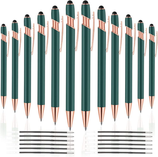 12 PCS 2 in 1 Stylus Ballpoint Pen with Stylus Tip, 1.0 mm Black Ink Metal Pen Stylus Pen for Touch Screens (Rose Gold & Green)