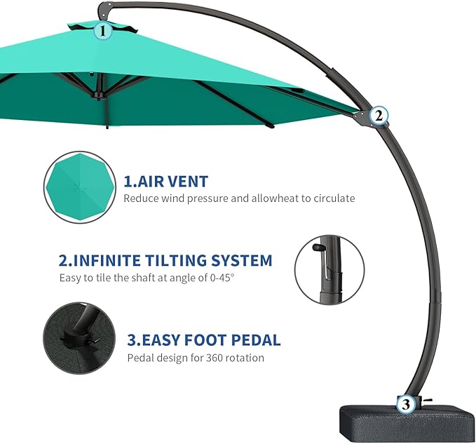 7 Piece Patio Dining Set with 11ft Patio Umbrella (Teal), 7 Black Outdoor HDPE Dining Set with 6 Chairs + 1 Large Table, for Market, Pool, Garden, Backyard, Deck