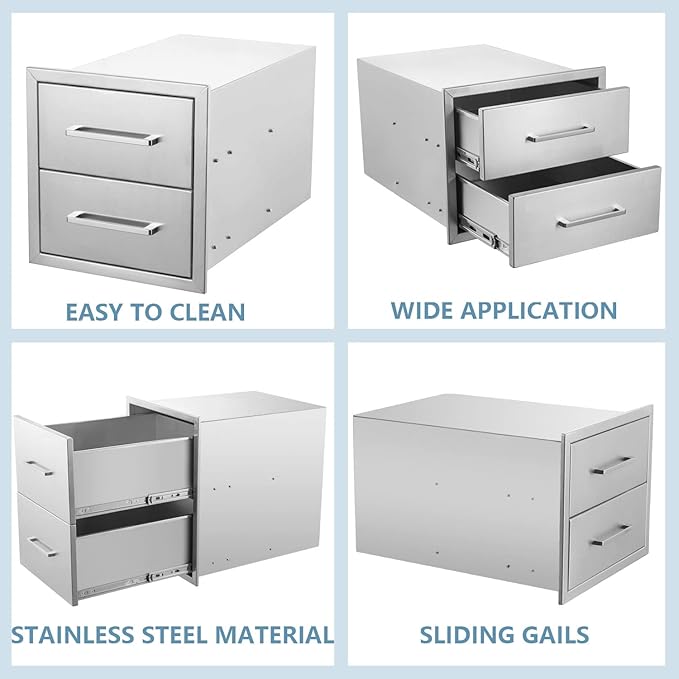 Outdoor Kitchen Drawers Stainless Steel 2-Drawer BBQ Drawer 14" W x 15" H x 23" D Enclosed Built-in Drawer Flush Mount for Outdoor Kitchens & BBQ Islands