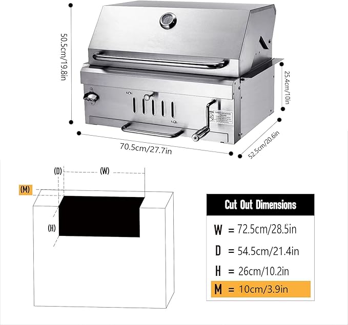 Large Charcoal BBQ Grills, Built in Barbecue Grill with Liftable Tray, Insulated Hood & Temp Gauge, Silver Stainless Steel BBQ Barrel Grill for Outdoor Kitchen Cooking Family Parties Patio Park Style