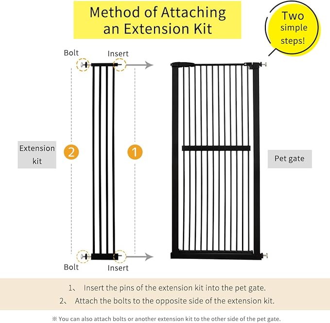 Lumizone Extra Tall Pet Gate 55.12" High Pressure Mounted 8.27" Wide Extension kit 1.37" Gap (8.27" W, Black)