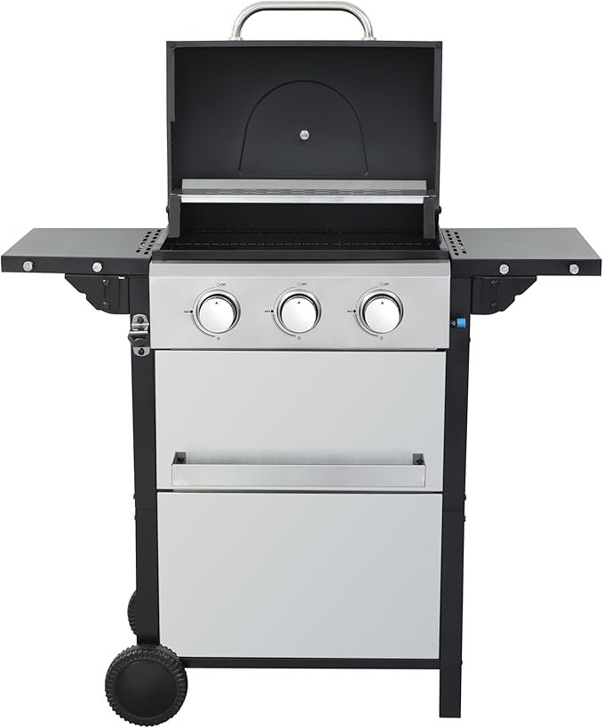 3-Burner Propane Gas BBQ Grill with Side Burner, 25650 BTU Output With Enameled Cast Iron Cooking Grids For Outdoor Barbecue, Stainless Steel