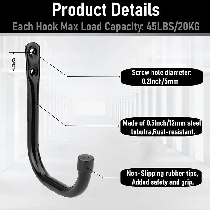 Garage Hooks, 6 Pack Heavy Duty Storage Hooks, 4.1Inch Garden Tool Utility Hooks, Fastening Hooks for Wall Mounting Load Capacity 45lbs