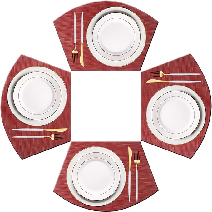PIGCHCY Wedge Shaped Placemats for Dining Table Cross-Weave Washable Vinyl Placemat Heat Resistant Round Table Mats Set of 4 (Burgundy Red)