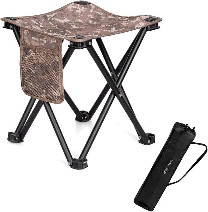 Triple Tree 1 Pack Folding Camping Stool, 13.8 Inch Small Portable Lightweight Stool with Side Pocket, Foot Stool with Carry Bag for Hiking, Fishing and Beach, Hold up to 400lbs, Camouflage