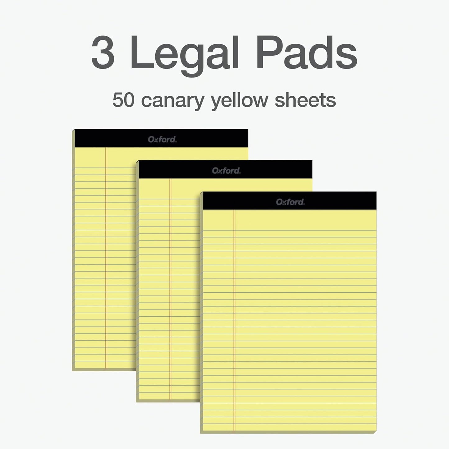 Oxford 8.5 x 11.75 Inch Legal Pads, 3 Pack, Wide Ruled on Both Sides, Canary Yellow Paper, 50 Perforated Sheets Per Writing Pad, Proudly Made in the USA (1017035)