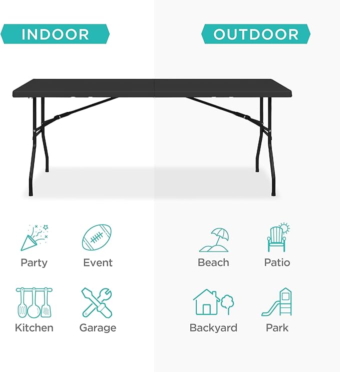 Best Choice Products 6ft Plastic Folding Table, Indoor Outdoor Heavy Duty Portable w/Handle, Lock for Picnic, Party, Camping - Black