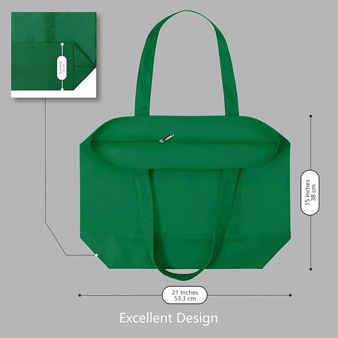 TOPDesign 1-Pack Canvas Tote Bag with an External Pocket, Reusable Grocery Shopping Bag, Top Zipper Closure, Daily Essentials (Green)