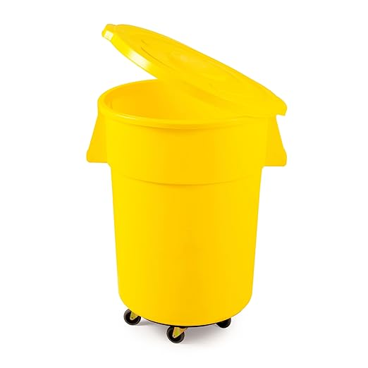 PRO&Family Commercial Round Trash Can with Lid and Dolly Rolling Waste Container, Ingredient Bin, Heavy-Duty Plastic, Anti-Static, Kitchen, Office, Outdoor Use (Yellow, 55 Gallon)