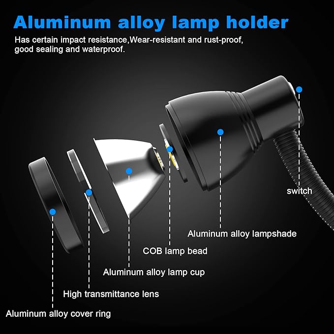 Flexible Work Light, 12W Machine Light, 1200 Lumen Flexible Work Light for Lathe milling Machine, Drilling Machine, Industrial Lighting, Workbench Lighting (1200LM Screw Mount Base)