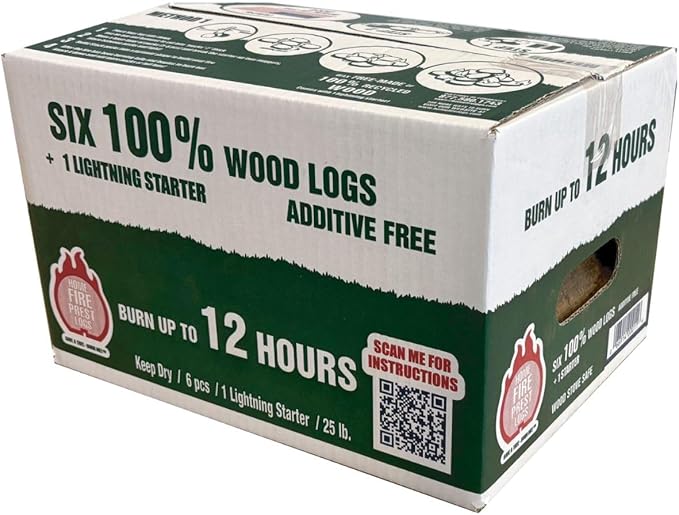 Home Fire Prest Logs - Burn up to 12 Hours in a Wood Stove - Six 100% Wood Fire Logs with One Lighting Fire Starter for Indoor Fireplace and Outdoor Fireplace - Additive Free, Made in The USA